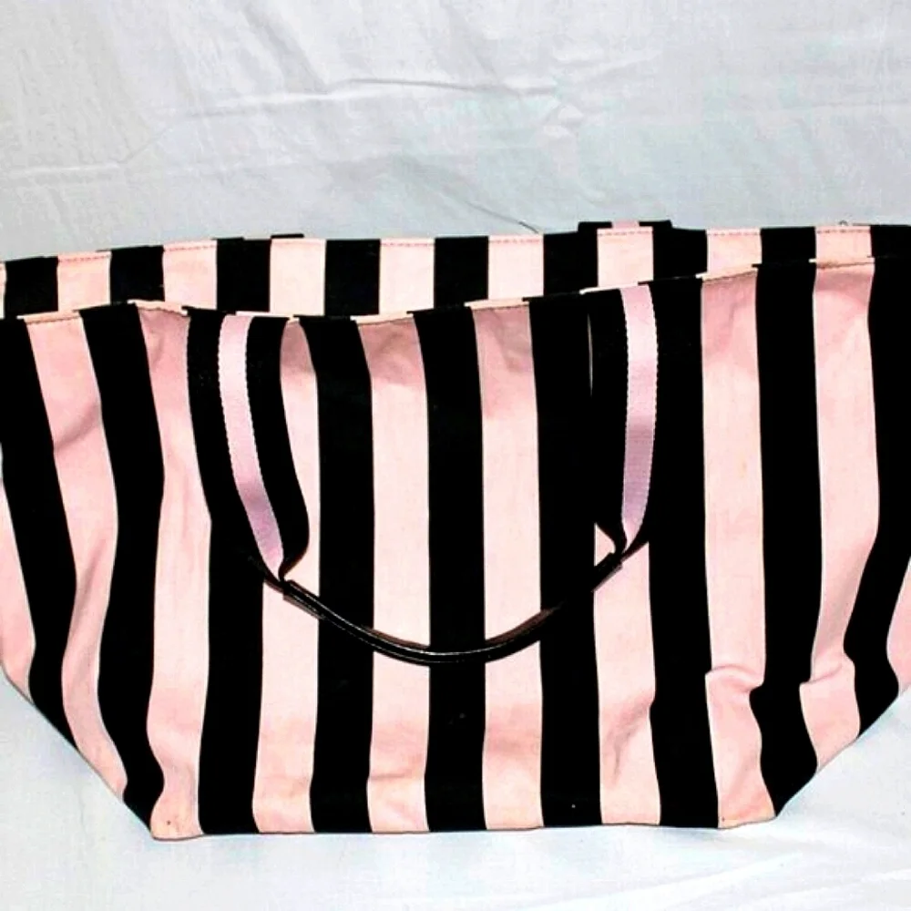 Victoria's Secret Pink & Black Striped Tote Bag – Zipper Top, Spacious & Chic
